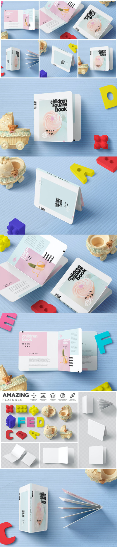 方形儿童卡通书籍样机模板 (PSD)