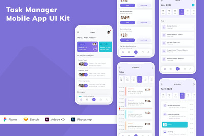 任务管理器移动应用程序App Ui Kit (FIG,SKETCH,XD,PSD)
