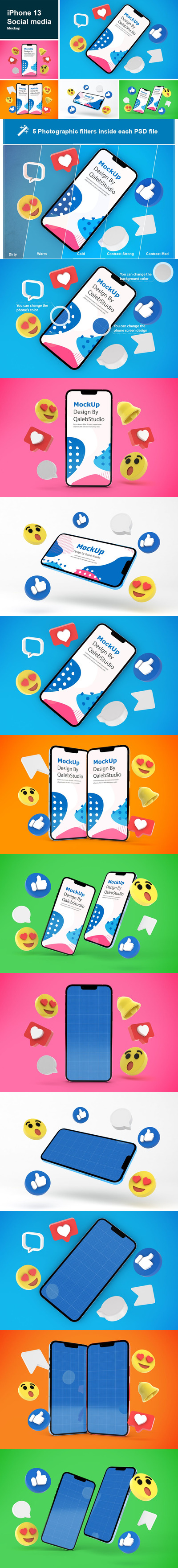 社交符号元素iPhone13手机样机 (PSD)