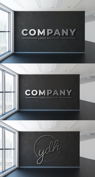 办公室墙镀铬徽标Logo样机 (PSD)