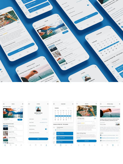 钓鱼课堂 & 钓鱼学校 App UI Kit (AI,EPS,FIG,PSD,SKETCH,SVG,XD)