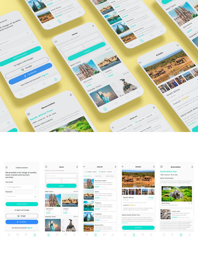非洲、美国和欧洲之旅&旅游  App UI Kit (AI,EPS,FIG,PSD,SKETCH,SVG,XD)