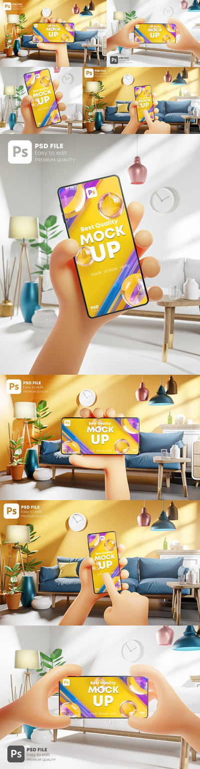 客厅背景3D可爱手势全面屏手机样机模板 (PSD)