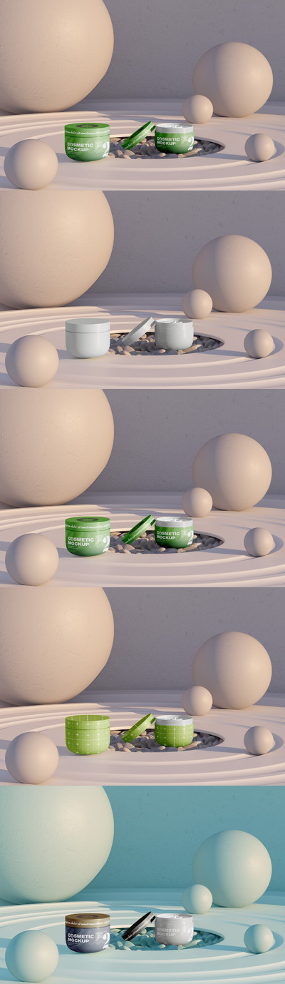 光滑圆球场景化妆品罐样机模板 (PSD)