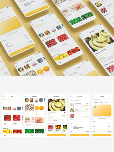 带有多个屏幕的杂货店App & UI Kit (AI,EPS,FIG,PSD,SKETCH,SVG,XD)