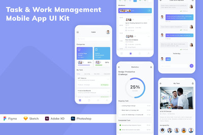任务和工作管理App UI Kit (FIG,PSD,SKETCH,XD)