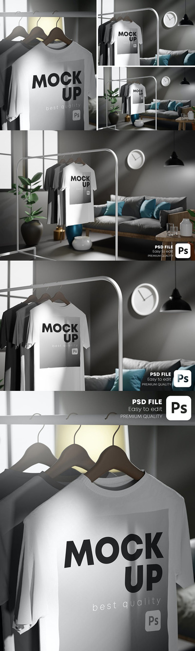 3D客厅场景晾挂T恤展示样机模板 (PSD)