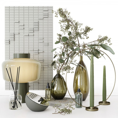 包含玻璃瓶中的桉树枝 细高蜡烛 台灯 香氛产品等的绿色主题装饰组合3D模型（OBJ,FBX,MAX）