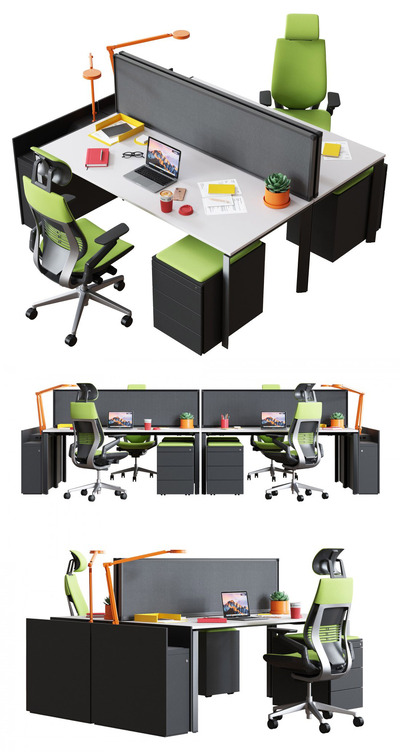 Steelcase FrameOne带文具和装饰的两人座办公桌椅 办公场景3D模型（OBJ,MAX）