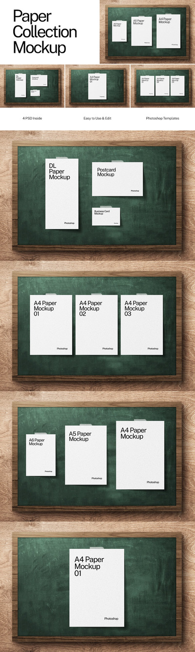 写字黑板多尺寸纸张作品展示样机 (PSD)