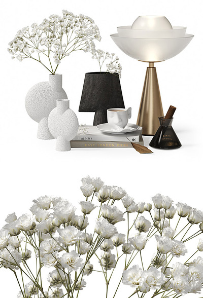 包含装饰花瓶 白色康乃馨花束 kiss杯子 台灯等的装饰组合3D模型（FBX,MAX）