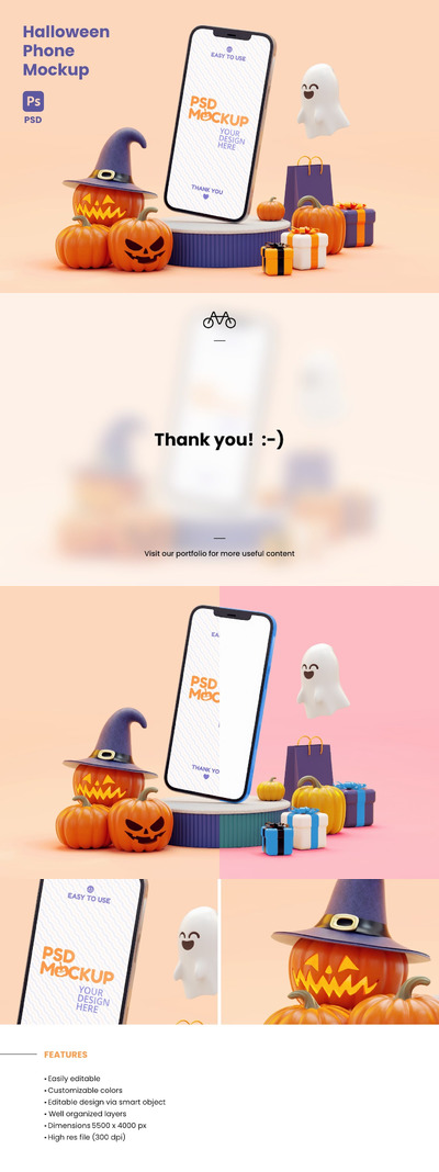 万圣节3D元素手机屏幕样机 (PSD,JPG)