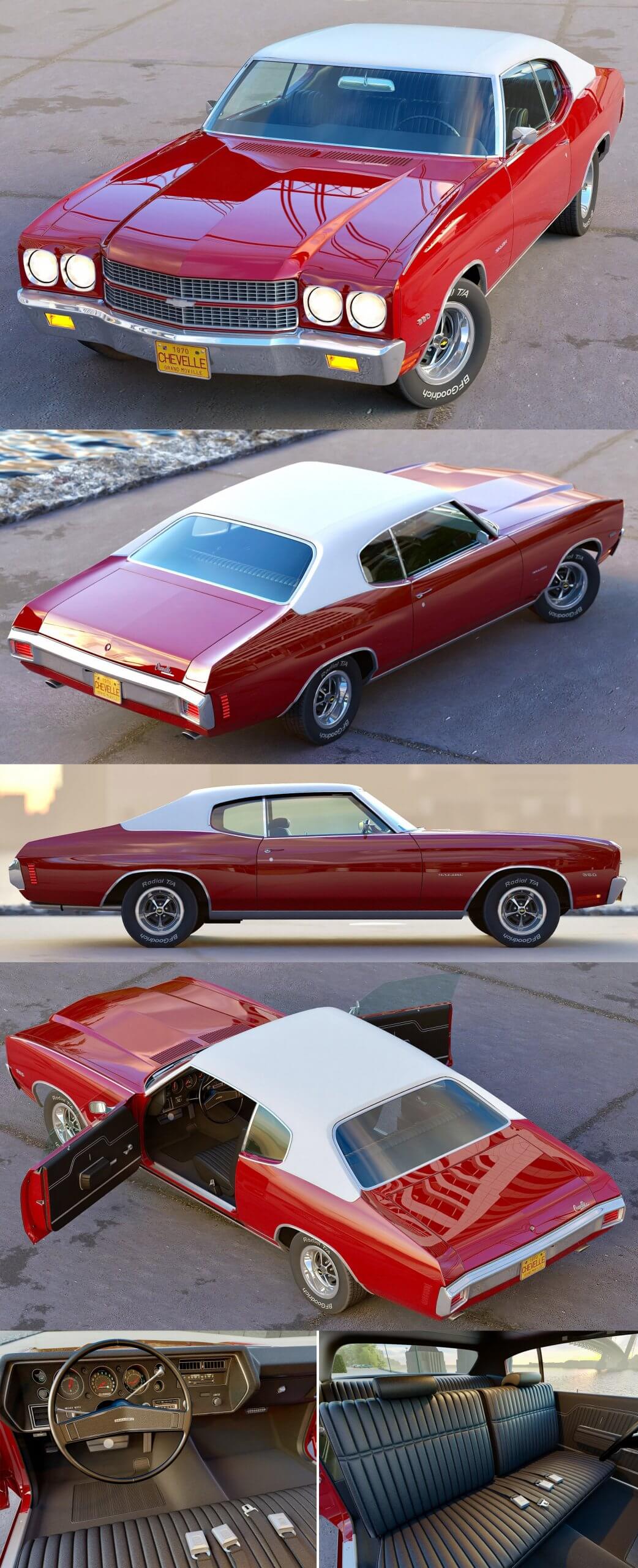 带内饰的1970款雪佛兰谢韦尔Chevy Chevelle汽车3D模型（OBJ,FBX,MAX）