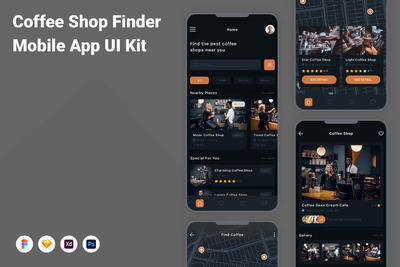 咖啡店查找APP UI KIT (FIG,SKETCH,XD,PSD)