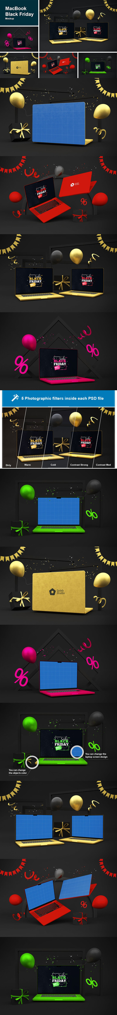 黑色星期五元素MacBook笔记本电脑样机模板 (PSD)