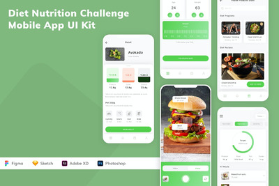 饮食营养挑战手机应用 APP UI KIT (FIG,PSD,SKETCH,XD)