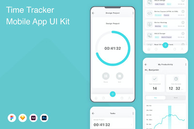 时间追踪器与管理移动应用 APP UI KIT (FIG,PSD,SKETCH,XD)