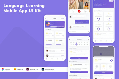 语言学习移动应用APP UI KIT (FIG,SKETCH,XD,PSD)