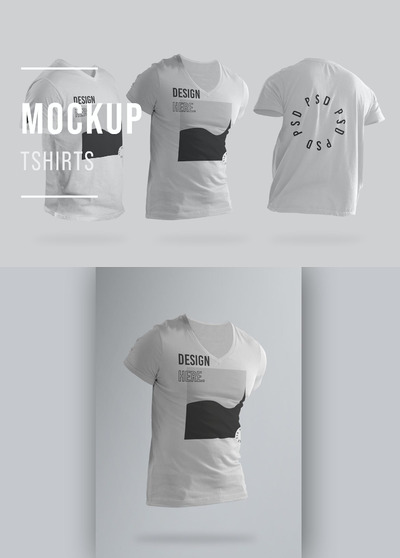 男士V领T恤设计展示样机 (PSD)