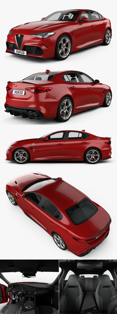 带高清内饰的2016阿尔法罗密欧Alfa Romeo Giulia Quadrifoglio汽车3D模型（OBJ,FBX,MAX）