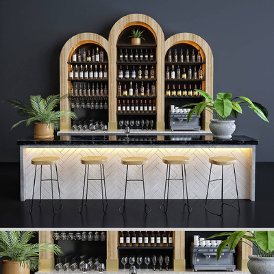 摆满酒和绿植盆景的吧台 餐厅吧台3D模型（OBJ,MAX）