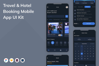 旅行和酒店预订移动应用APP UI KIT (FIG,PSD,SKETCH,XD)