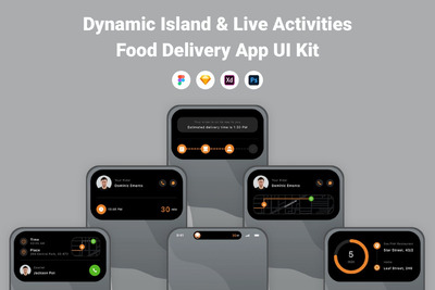 动态岛和现场活动食物配送用户界面APP UI KIT (FIG,SKETCH,XD,PSD)