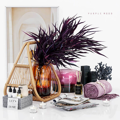 包含花瓶中的紫色枝叶 毛巾 香氛产品的浴室装饰组合3D模型（OBJ,MAX）