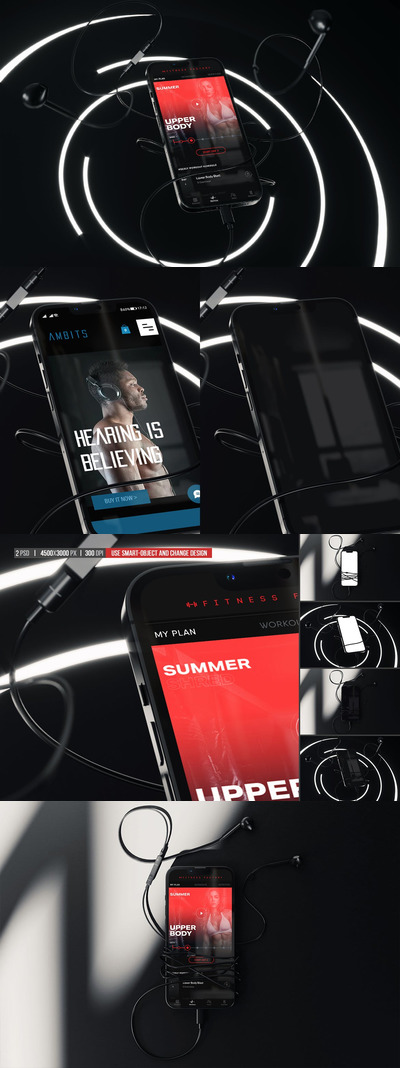 带耳机的苹果智能手机样机 (PSD)