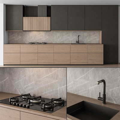 黑色和原木组合现代橱柜 厨房设计3D模型（OBJ,MAX）