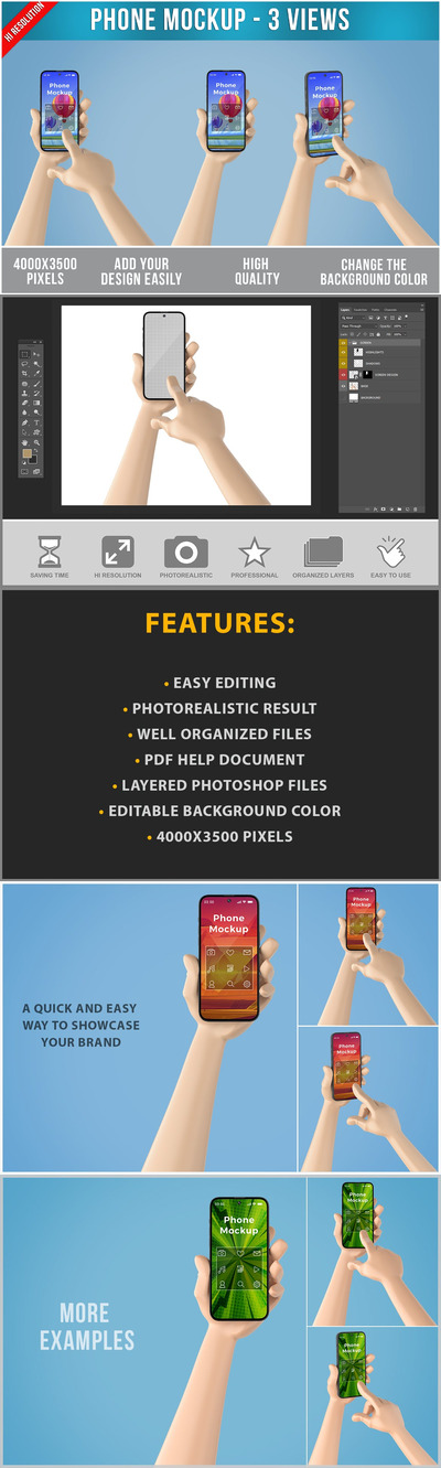 卡通手与水滴屏屏幕手机样机 (PSD)