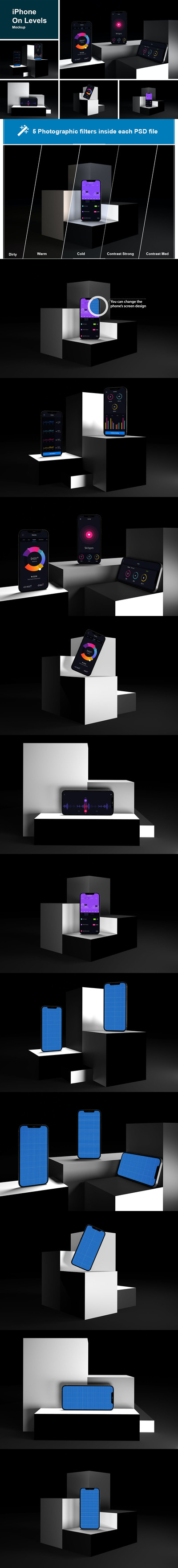 暗黑场景积木iPhone手机屏幕展示样机 (PSD)