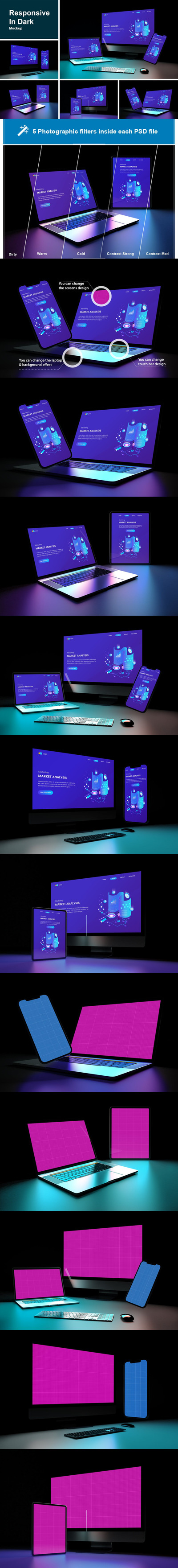 暗黑场景响应式屏幕苹果设备样机 (PSD)