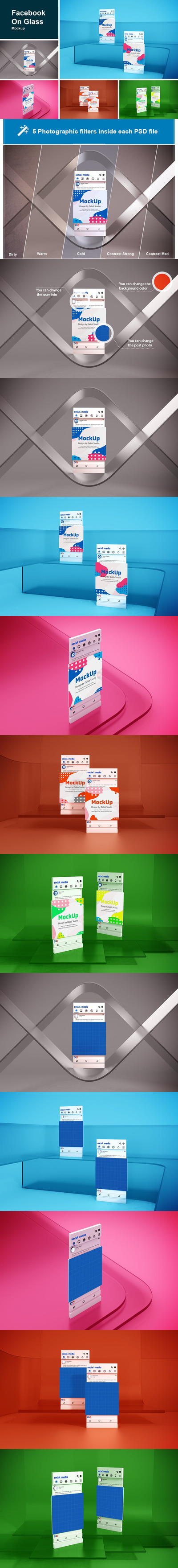 玻璃背景Facebook页面展示手机界面UI样机 (PSD)