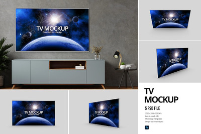 客厅挂墙TV电视屏幕样机模板 (PSD)