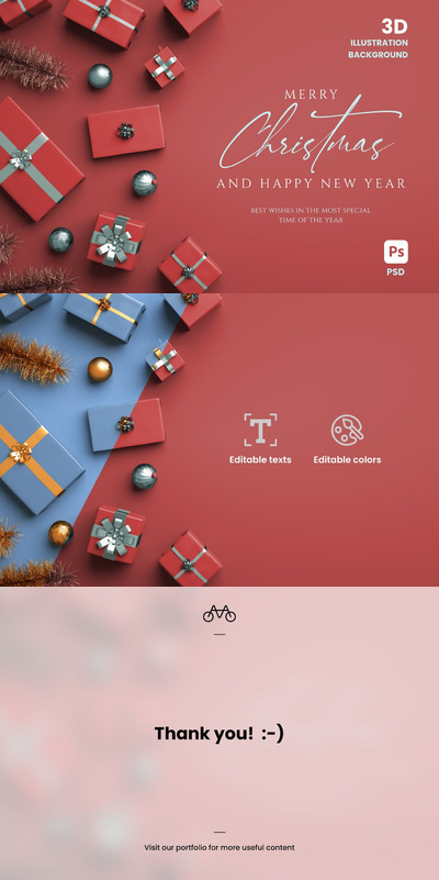 圣诞快乐3D插图背景和礼物 (PSD,JPG)