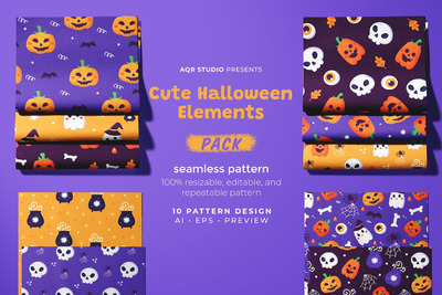可爱的万圣节元素-无缝图案 (AI,EPS,PNG)