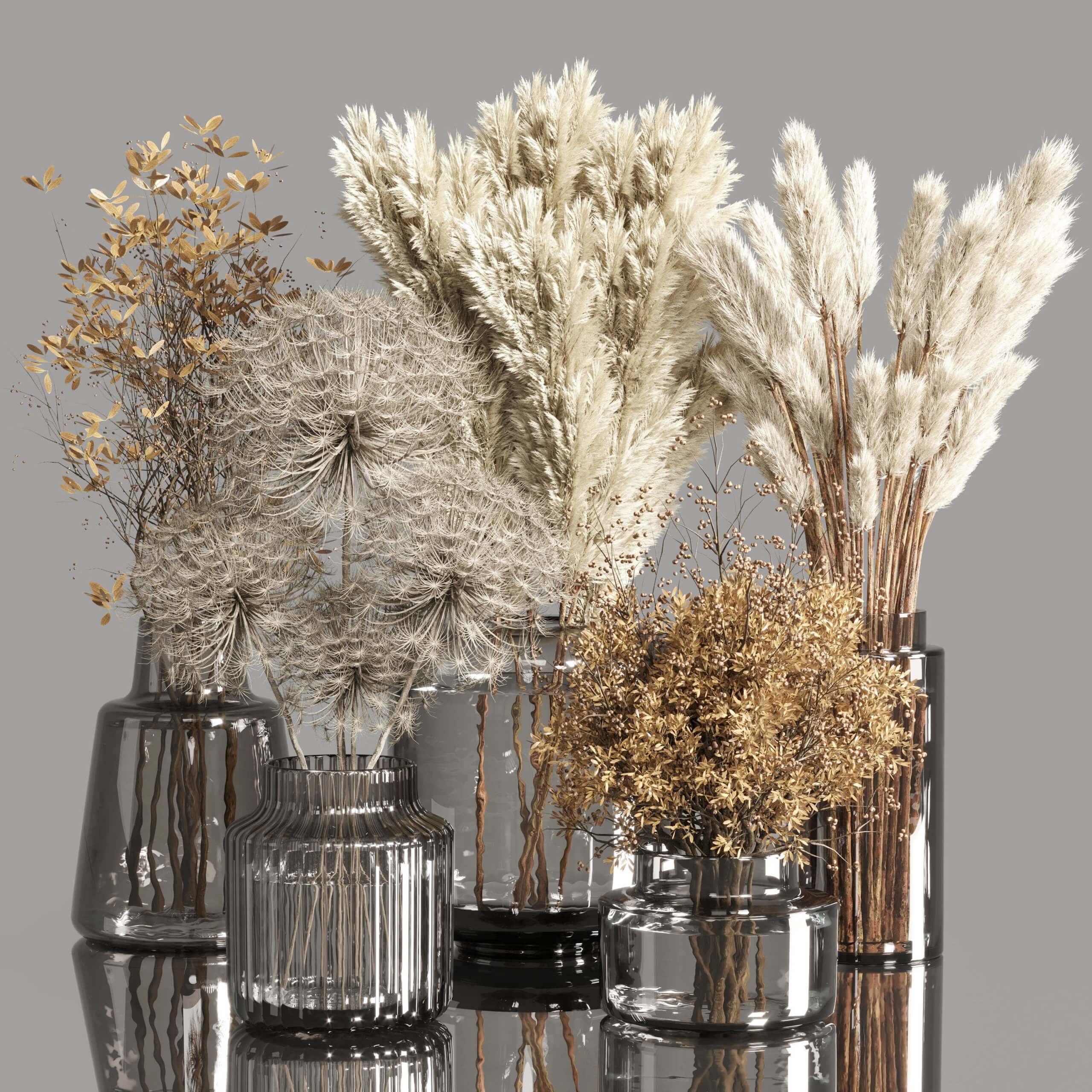 一组装饰玻璃瓶中的干花束3D模型（OBJ,MAX）