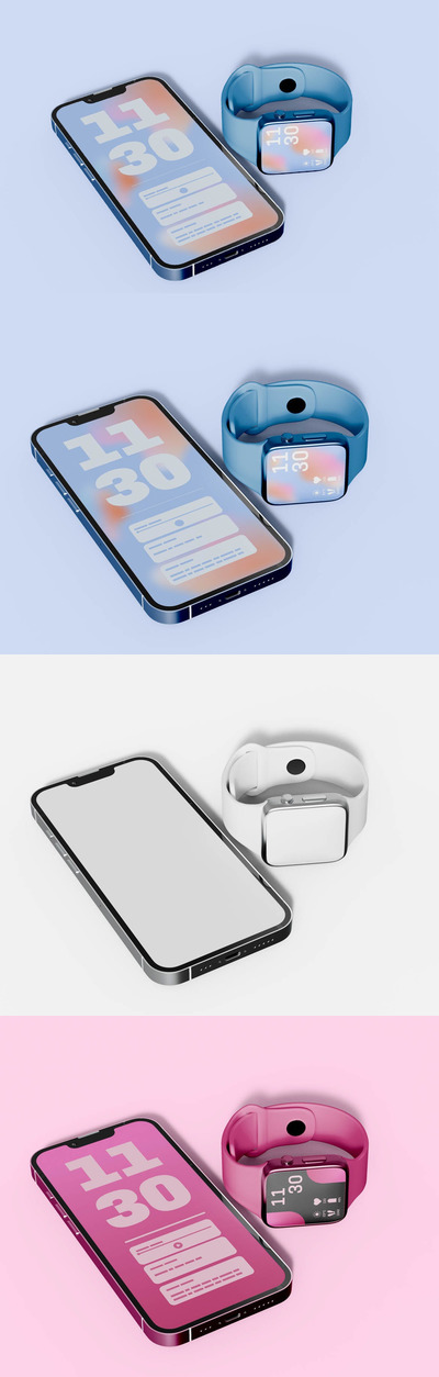 iPhone设备智能手表和手机样机 (PSD)