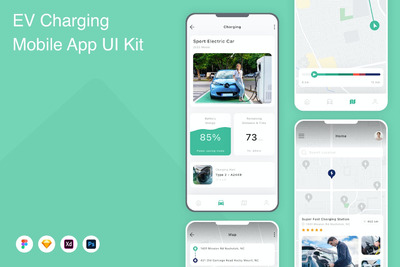 电动汽车充电移动应用APP UI KIT (FIG,PSD,SKETCH,XD)