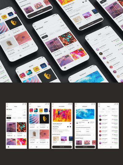NFT 市场&加密数字作品商店应用App UI Kit (AI,EPS,FIG,PSD,SKETCH,SVG,XD)