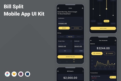账单拆分移动应用App UI Kit (FIG,SKETCH,XD,PSD)