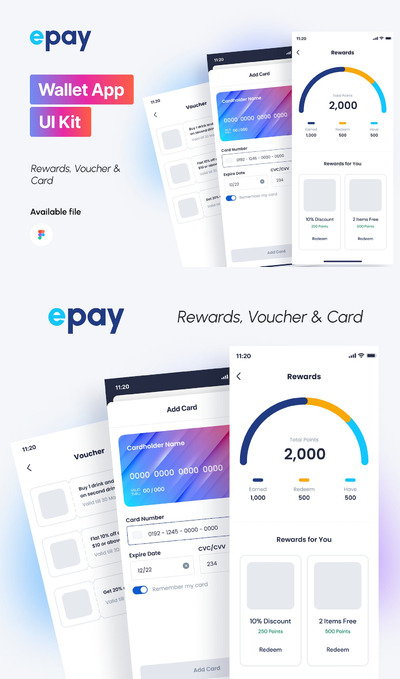 钱包应用程序-奖励、优惠券和卡APP UI KIT (FIG)
