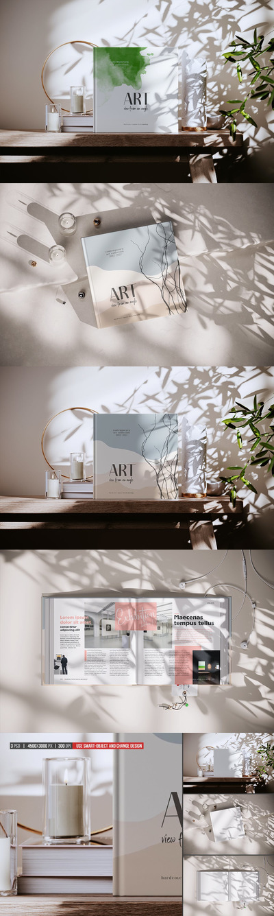 树叶阴影方形精装书设计样机 (PSD)