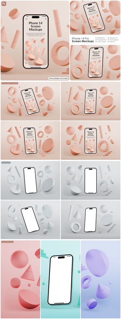 浮动几何元素iPhone 14 Pro手机屏幕样机 (PSD)