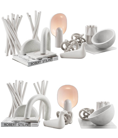 包含多种陶瓷工艺品 台灯 花瓶 书籍等白色系装饰组合3D模型（OBJ,FBX,MAX）