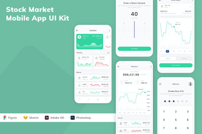 股市移动应用 App UI Kit (FIG,PSD,SKETCH,XD)