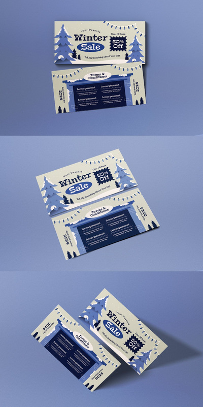 蓝色平面设计冬季销售优惠券模板 (AI,PSD)
