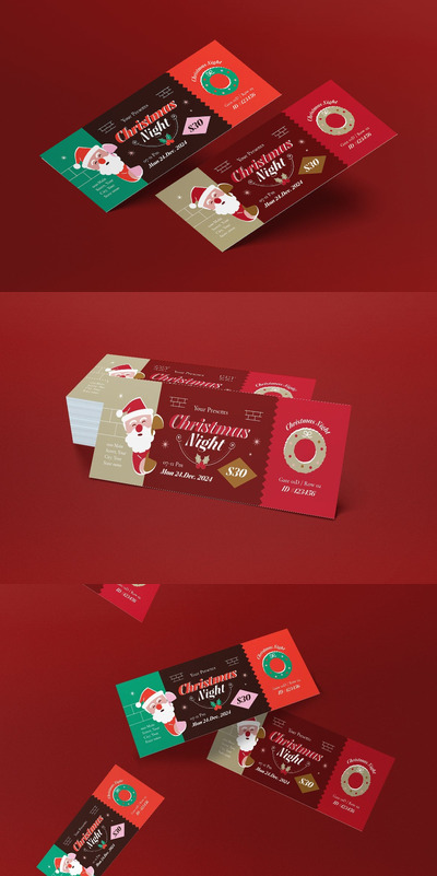红色扁平设计圣诞夜门票模板 (AI,PSD)