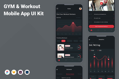 健身房和健身移动应用 App UI Kit (FIG,SKETCH,XD,PSD)